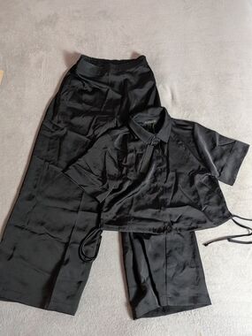 House of Harlow 1960 Black Satin Crop Button Shirt with Wide Leg Pants